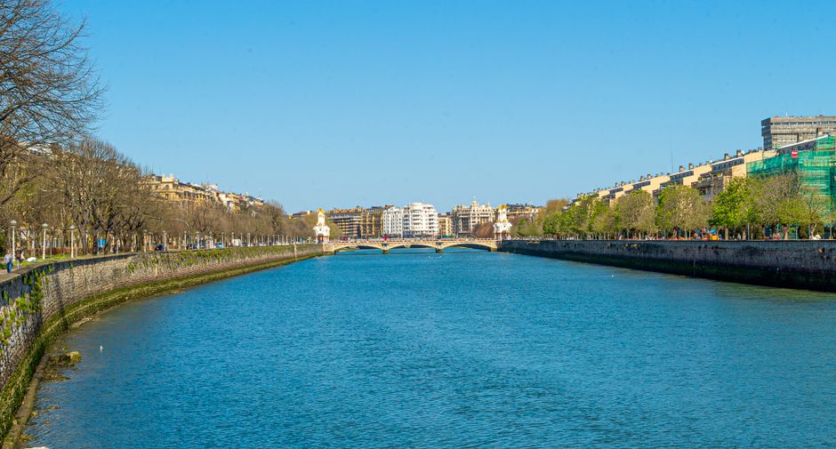 A peaceful view of a river flowing through a city with a picturesque bridge and vibrant greenery.